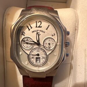 Philip Stein Men’s Silver Case Watch with Burgundy Leather Strap